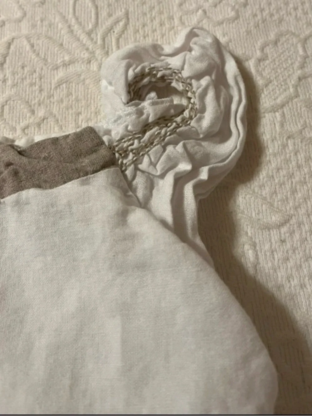 Carriage Boutique White and Taupe Linen Baby One-Piece
